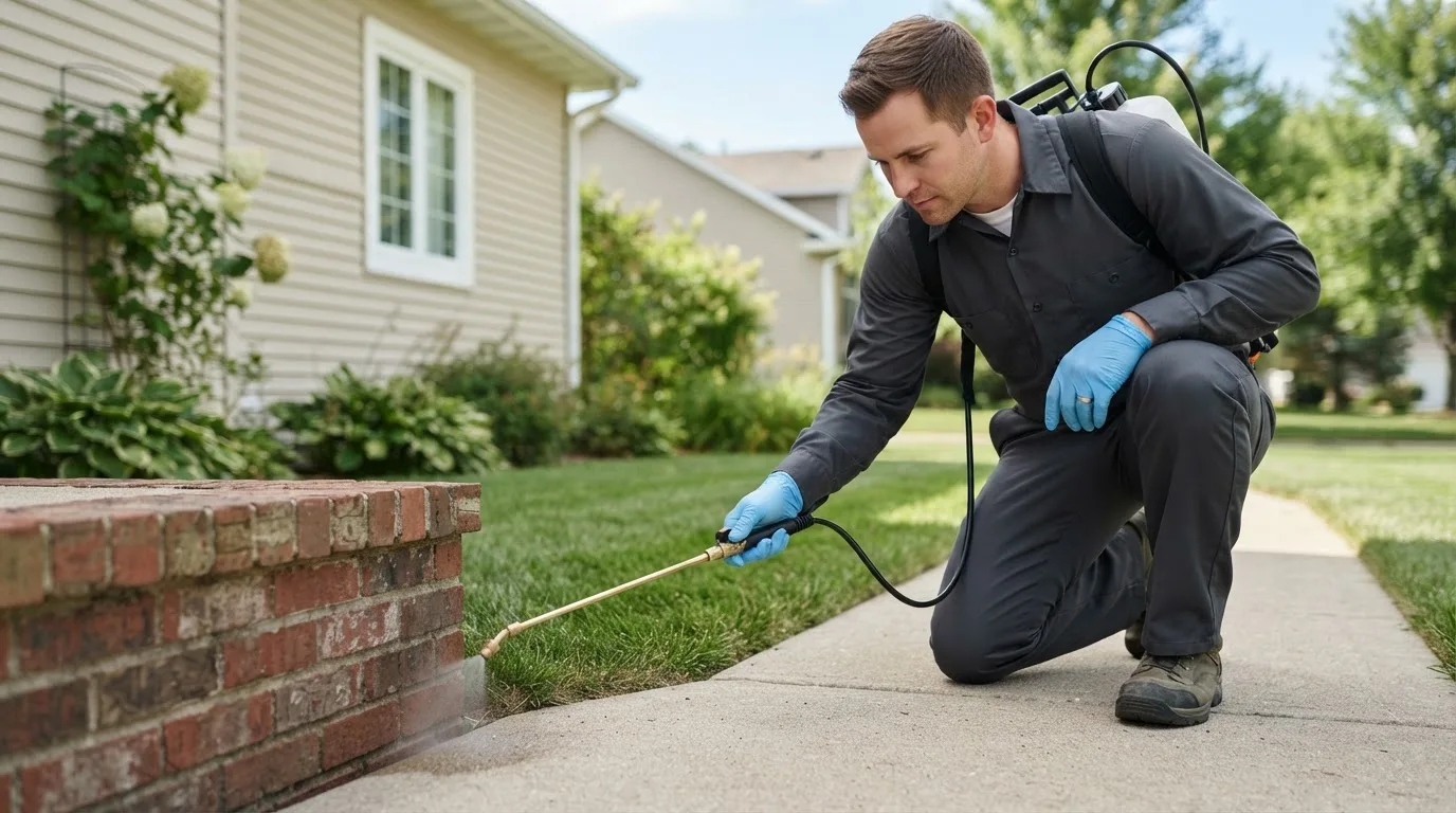 Pest control technician treating a home near Meridian, OK