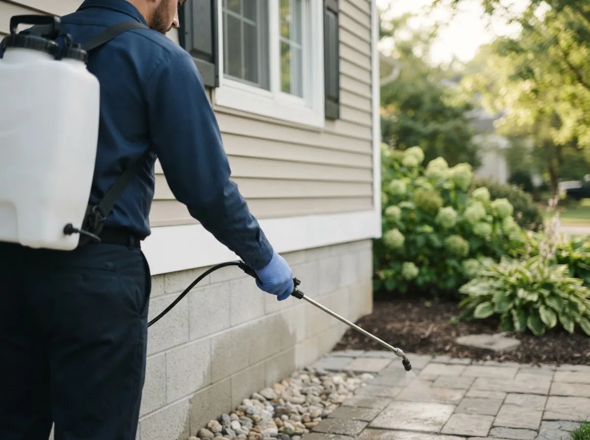Pest control technician inspecting a home in Meridian, OK